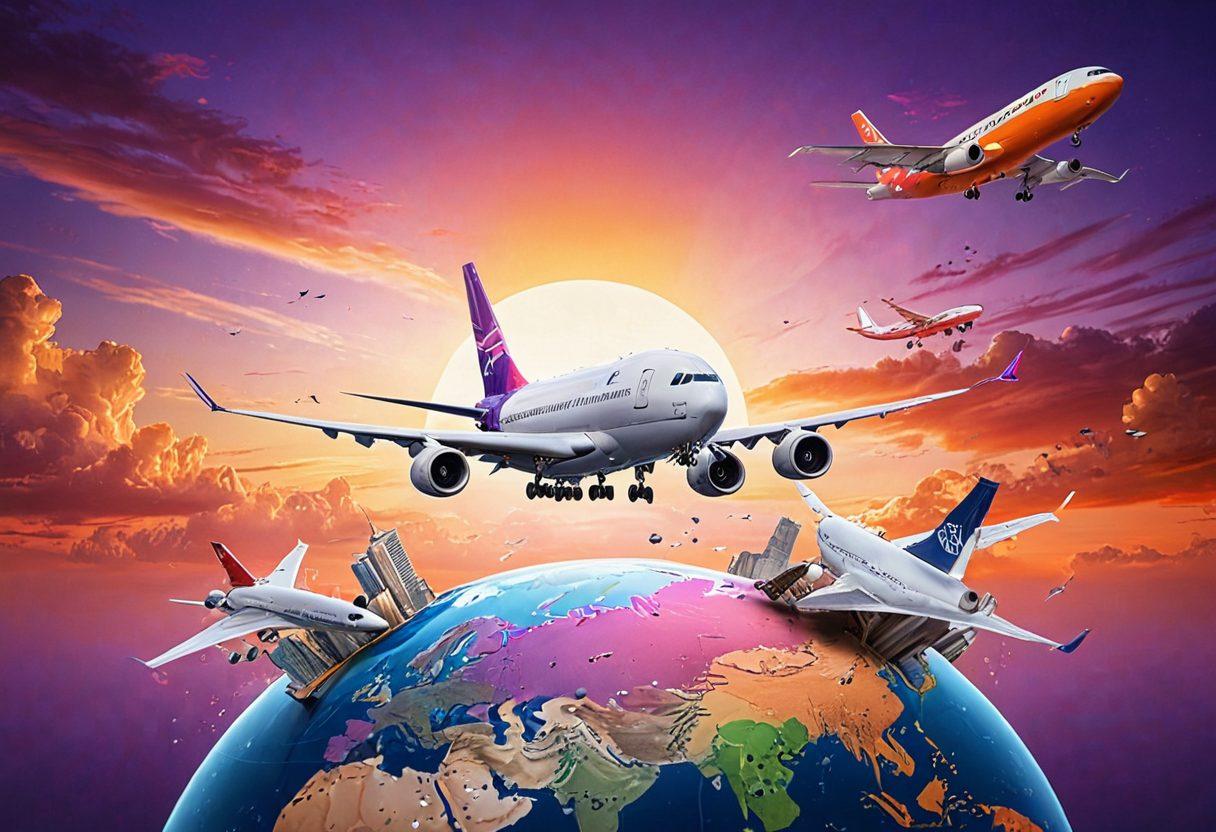A vibrant image of an airplane taking off into a sunset sky, with a transparent overlay of a globe and dollar signs floating around. The scene also features travel-themed icons like suitcases, maps, and passports. The overall feel should convey adventure, savings, and insider knowledge. Super-realistic. vibrant colors.