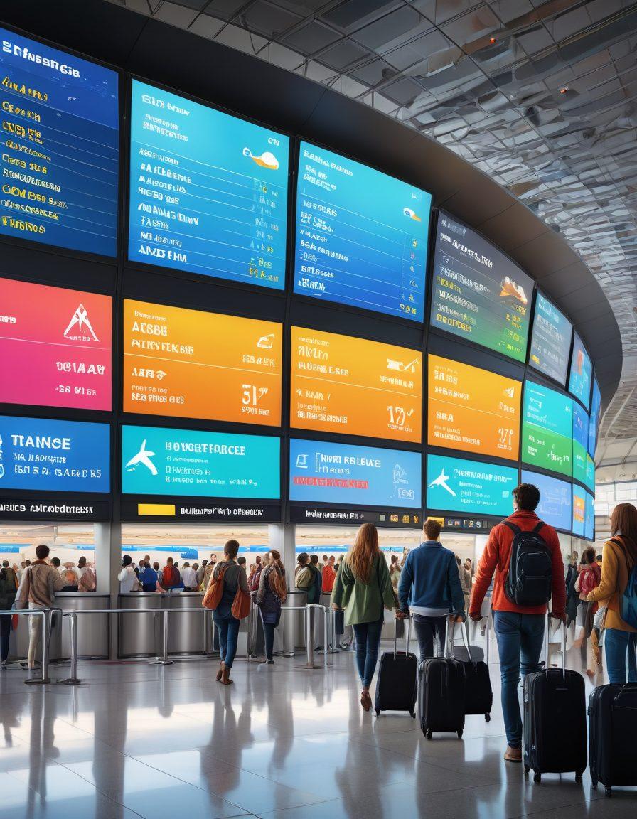 A bustling airport scene with diverse travelers excitedly checking flight schedules and packing lightweight luggage. Include budget airlines prominently in the background and infographics highlighting ticket price drops, discount deals, and budget travel tips. The scene should radiate an adventurous and economical spirit. super-realistic. vibrant colors. informative.