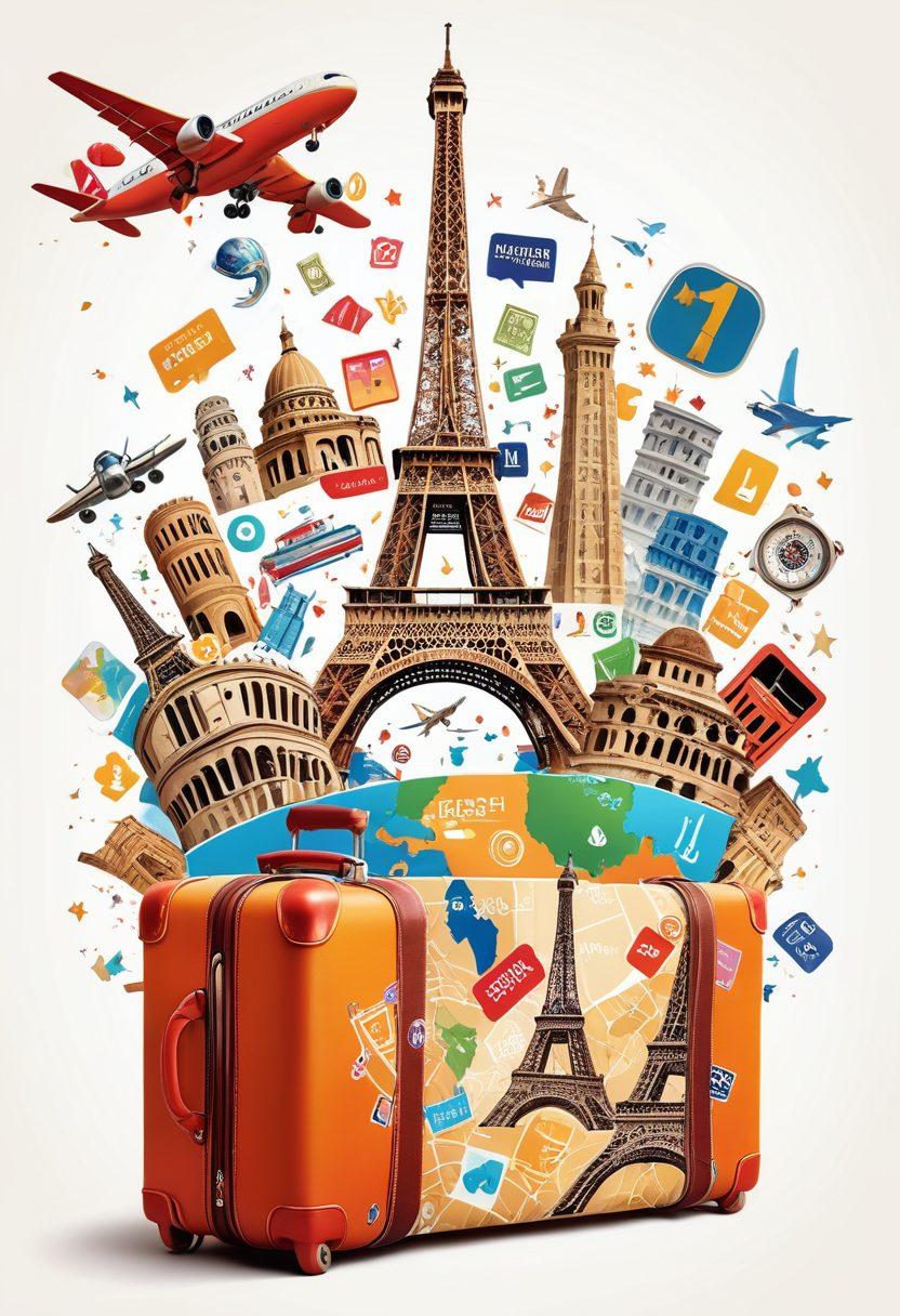 A lively travel-themed collage showing a plane flying over landmarks like the Eiffel Tower, Colosseum, and Great Wall, with a smartphone displaying booking apps and dollar signs swirling around. Include a suitcase with travel stickers and a world map in the background. vector art. vibrant colors. white background.